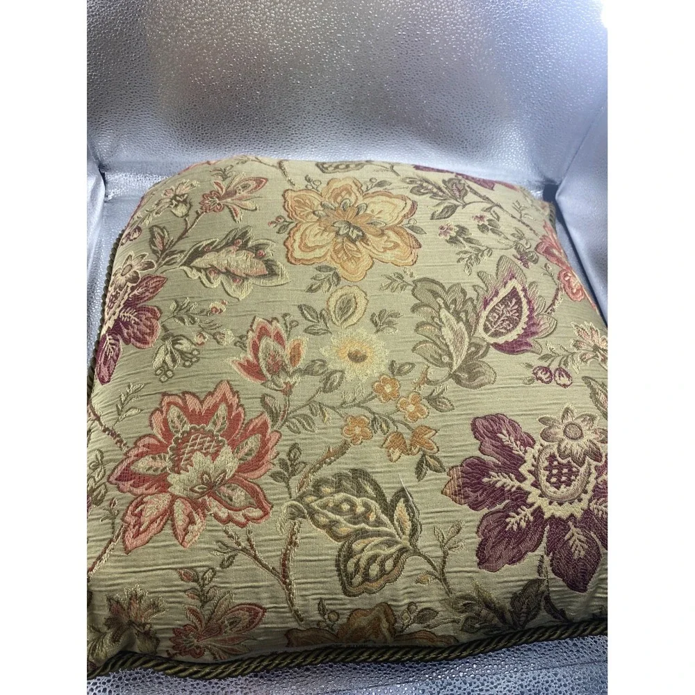 Vintage Floral Tapestry Throw Pillow Jacquard Burgundy Gold Sage Corded Trim